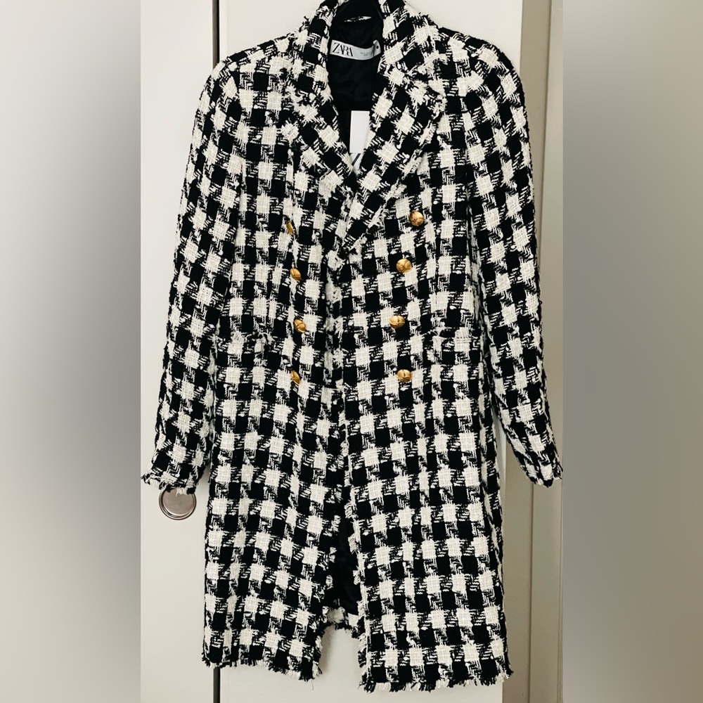 Zara Black and White Tweed Double-Breasted Pea Coat